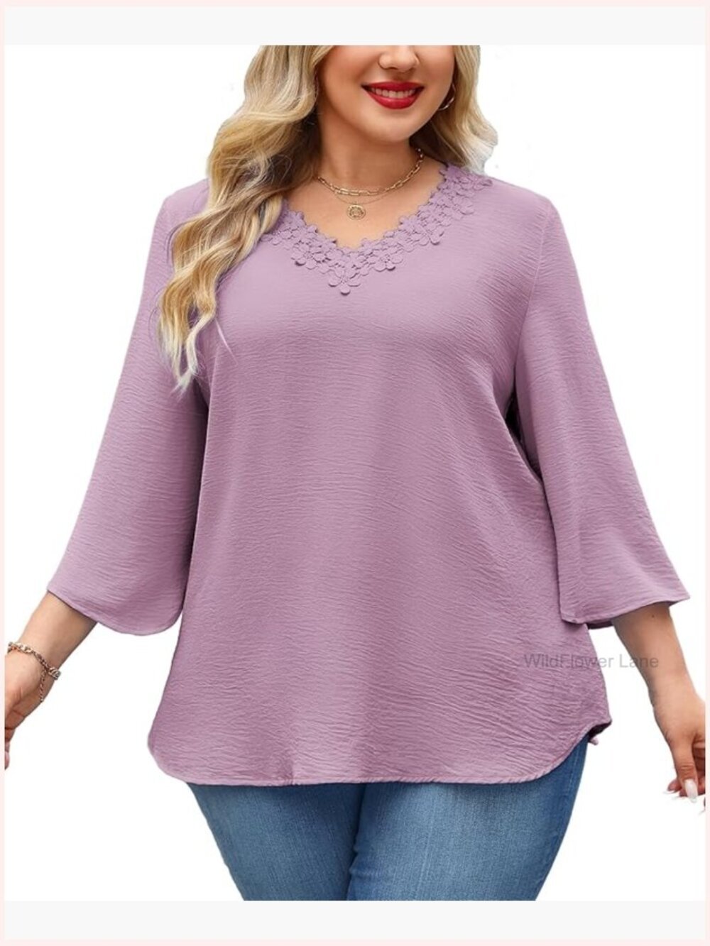 Plus Size V Neck 3/4 Sleeve Floral Trim Tunic Top Blouse